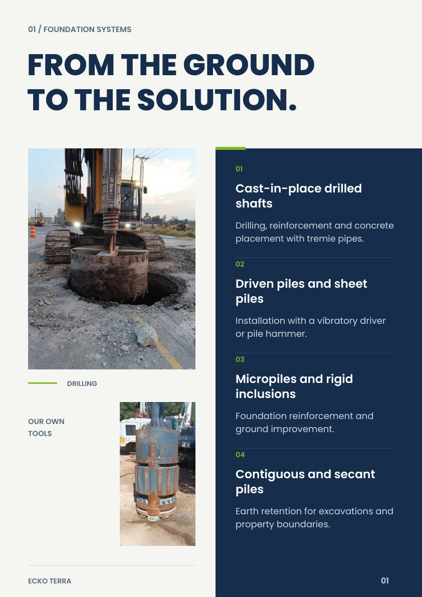 Left-hand inside page: From ground conditions to the solution. Drilled shafts, piles, micropiles, inclusions and earth retention.